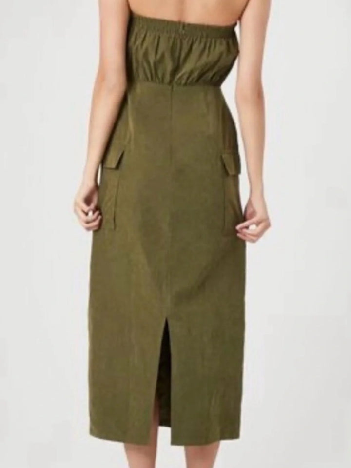 Forever 21 Olive Green Military Bandeau Midi Zip up women's dress, Size S