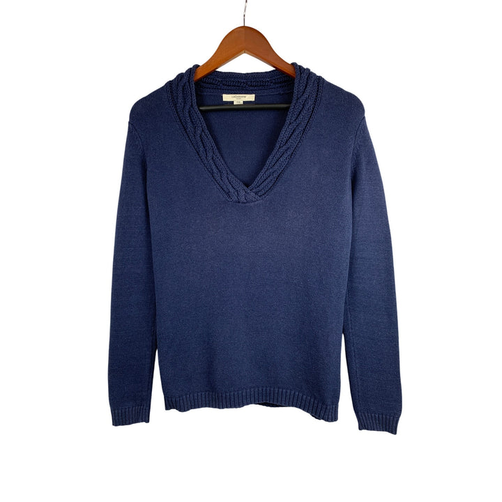 Liz Claiborne Womens Cable Knit V-Neck Sweater XXS Blue Cotton