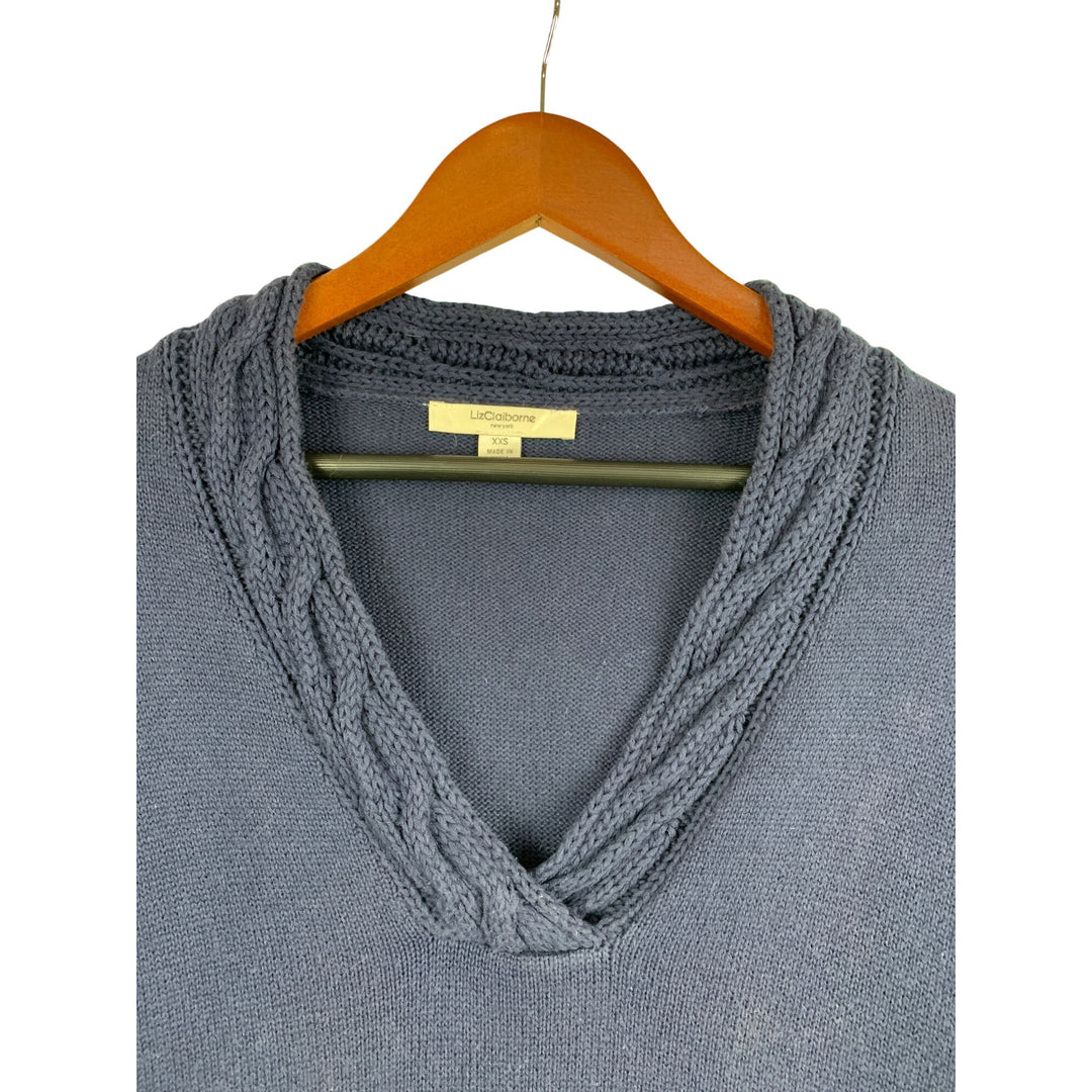Liz Claiborne Womens Cable Knit V-Neck Sweater XXS Blue Cotton