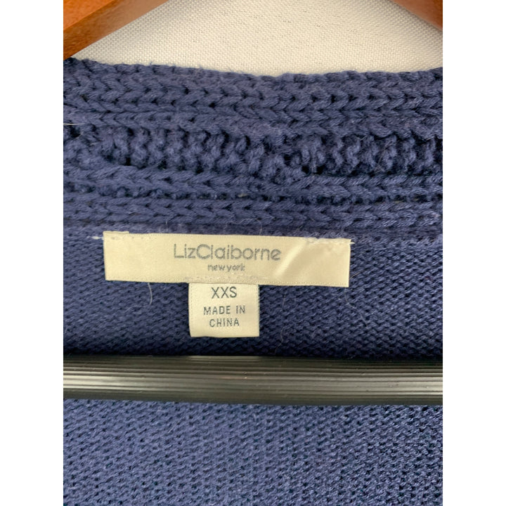 Liz Claiborne Womens Cable Knit V-Neck Sweater XXS Blue Cotton