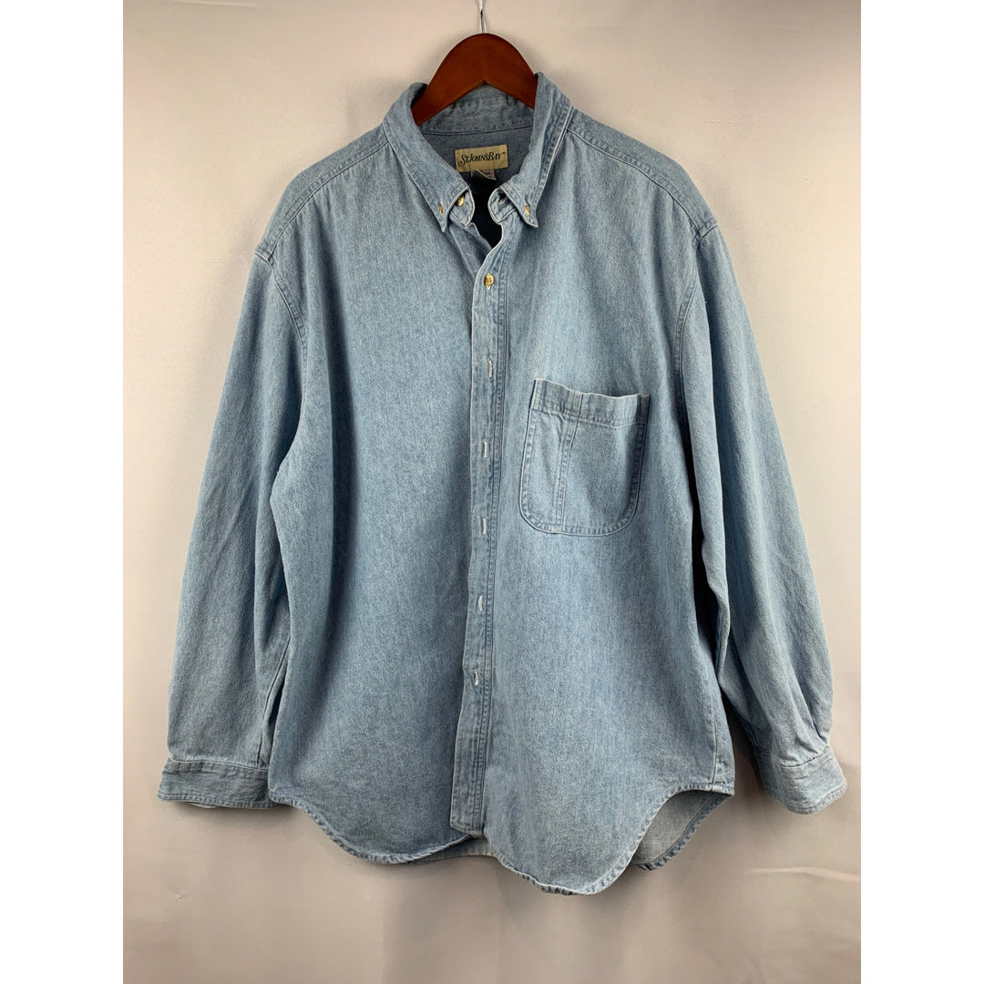 St. Johns Bay Mens XL Denim Button-Down Shirt 100% Cotton Light Blue