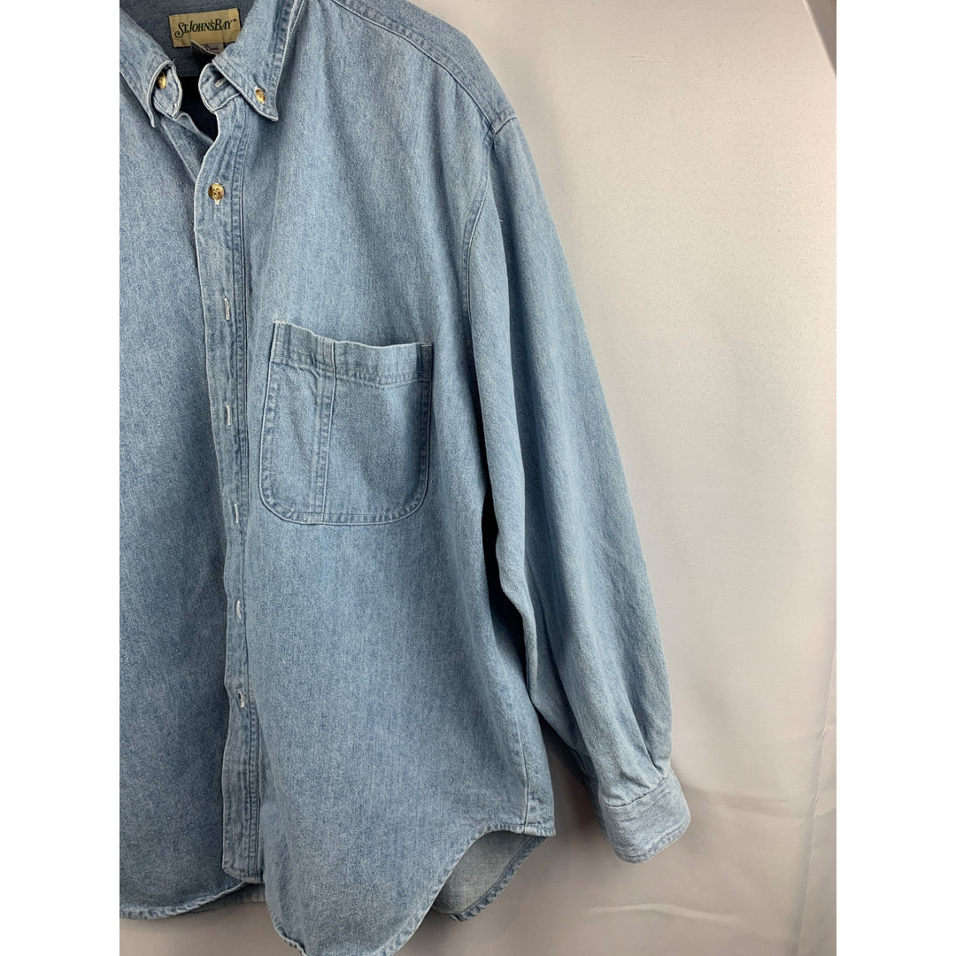 St. Johns Bay Mens XL Denim Button-Down Shirt 100% Cotton Light Blue