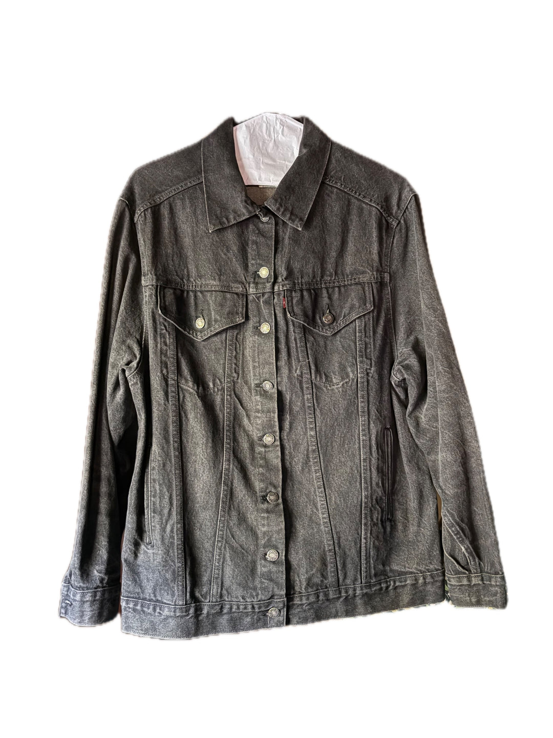 Vtg 90s Levis 77607-4159 Faded Black Denim Trucker Jacket Size L Hand Pockets USA