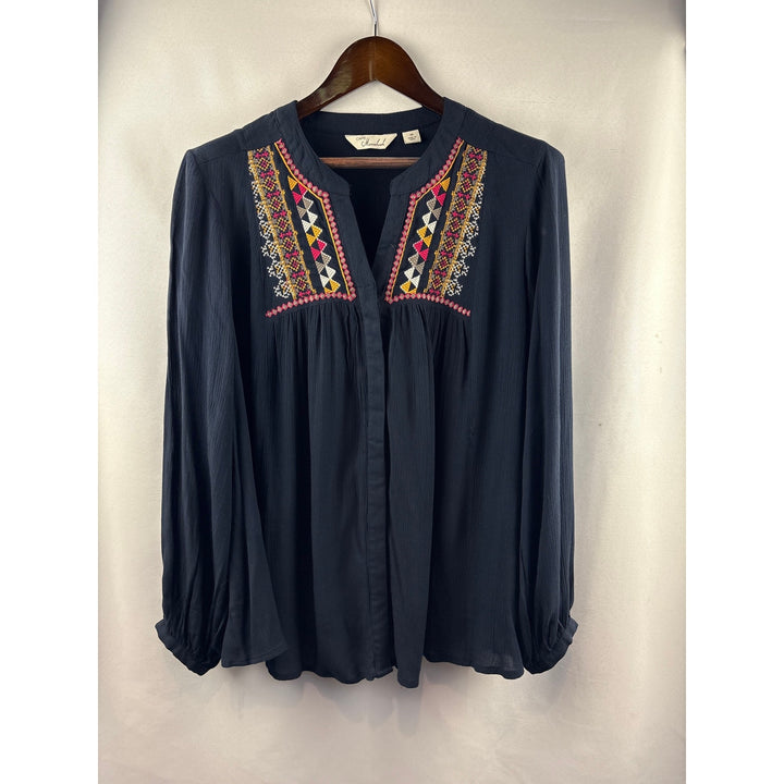 Women’s Caffé Marrakesh Navy Blue Embroidered Long Sleeve Blouse