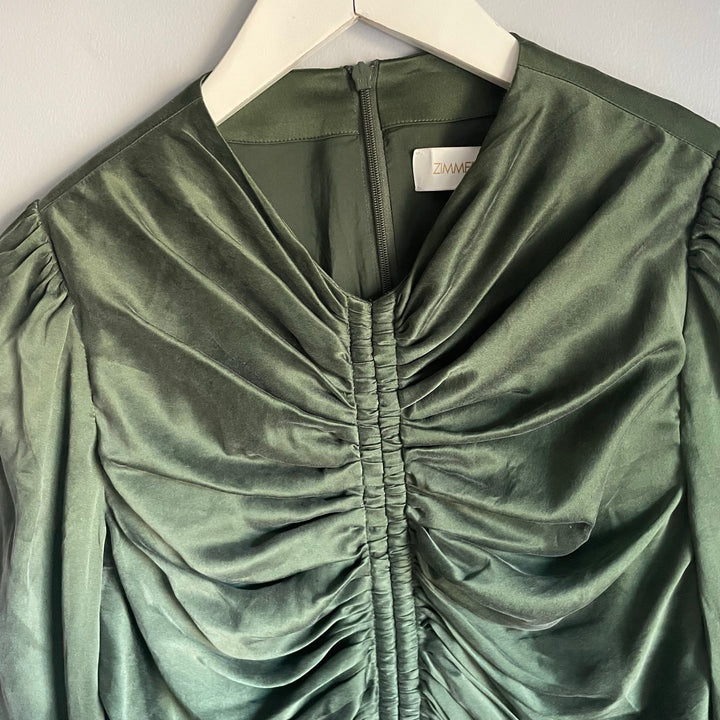 Zimmermann Forest Green Silk Tie Front Long Sleeve Top Going Out Size 8 Medium