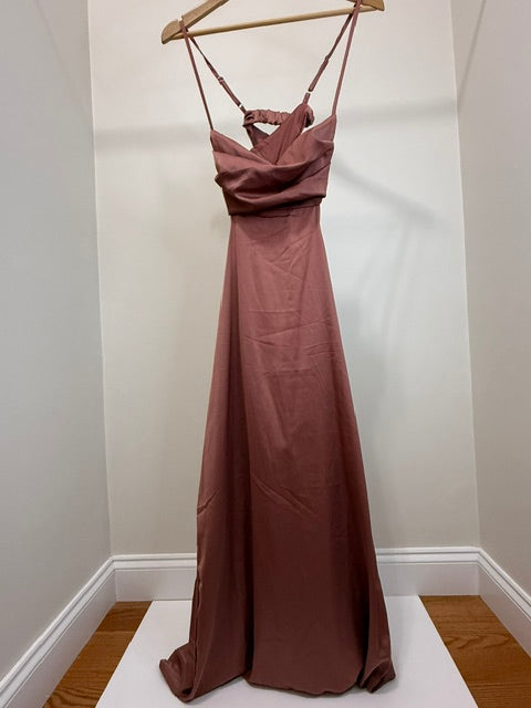 Fiemaoves Satin Cowl Neck Backless Maxi Dress Rose Brown NWT XL