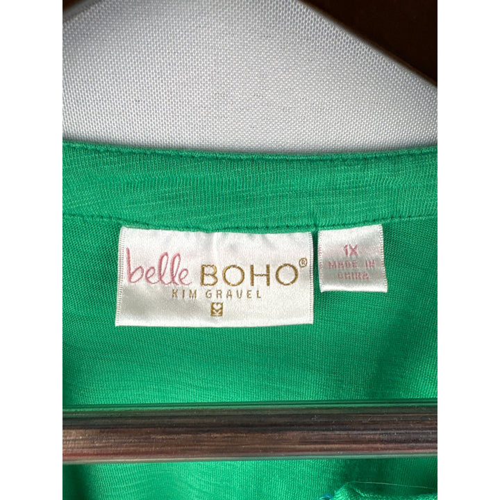 Women’s Belle by Kim Gravel Size 1X Green Long Sleeve Blouse w/ Blue Embroidery