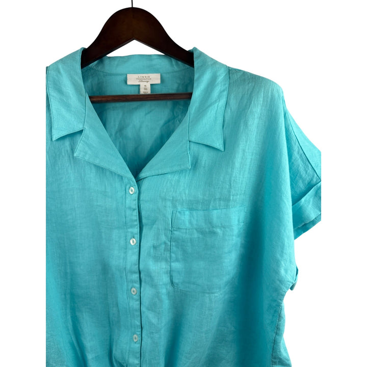 Women’s Linen Charter Club XL Aqua Blue Short Sleeve Blouse