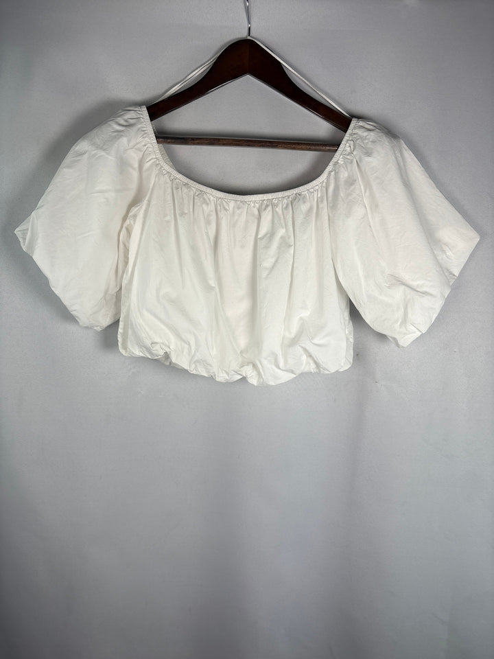 Womens Nation White Pima Cotton Cropped Blouse With Puffed Sleeves