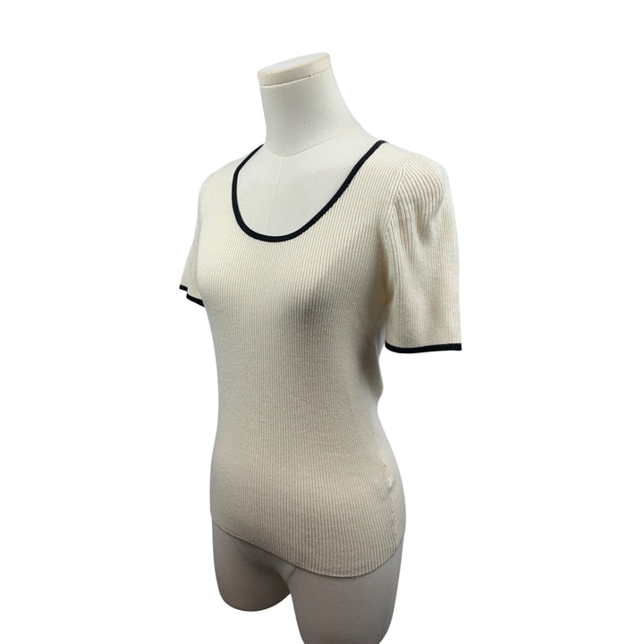 Luxe Ribbed Short Sleeve Contrast Trim Fitted Knit Top In Cream & Black