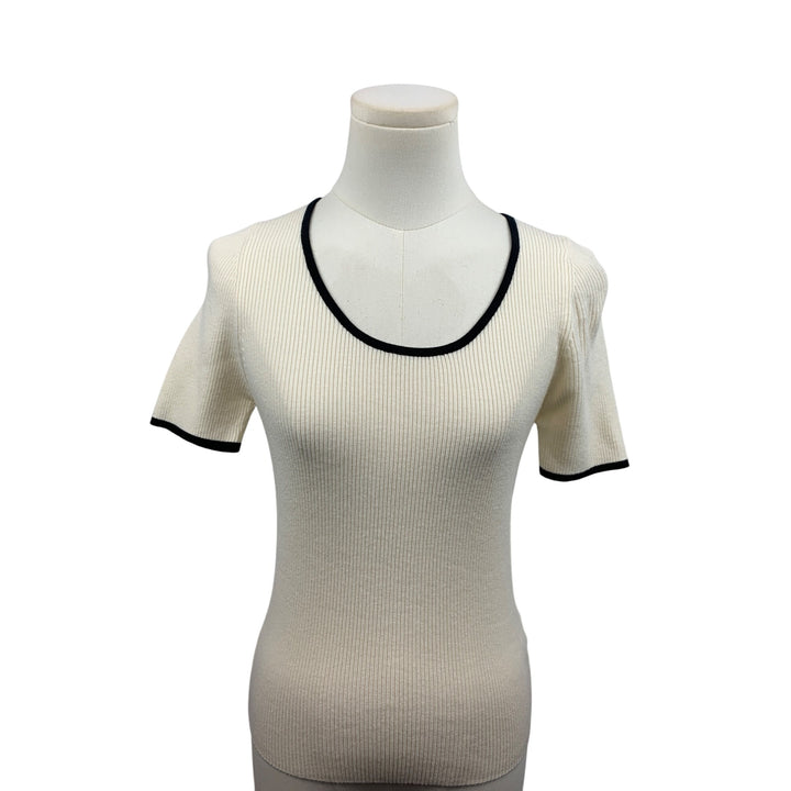Luxe Ribbed Short Sleeve Contrast Trim Fitted Knit Top In Cream & Black