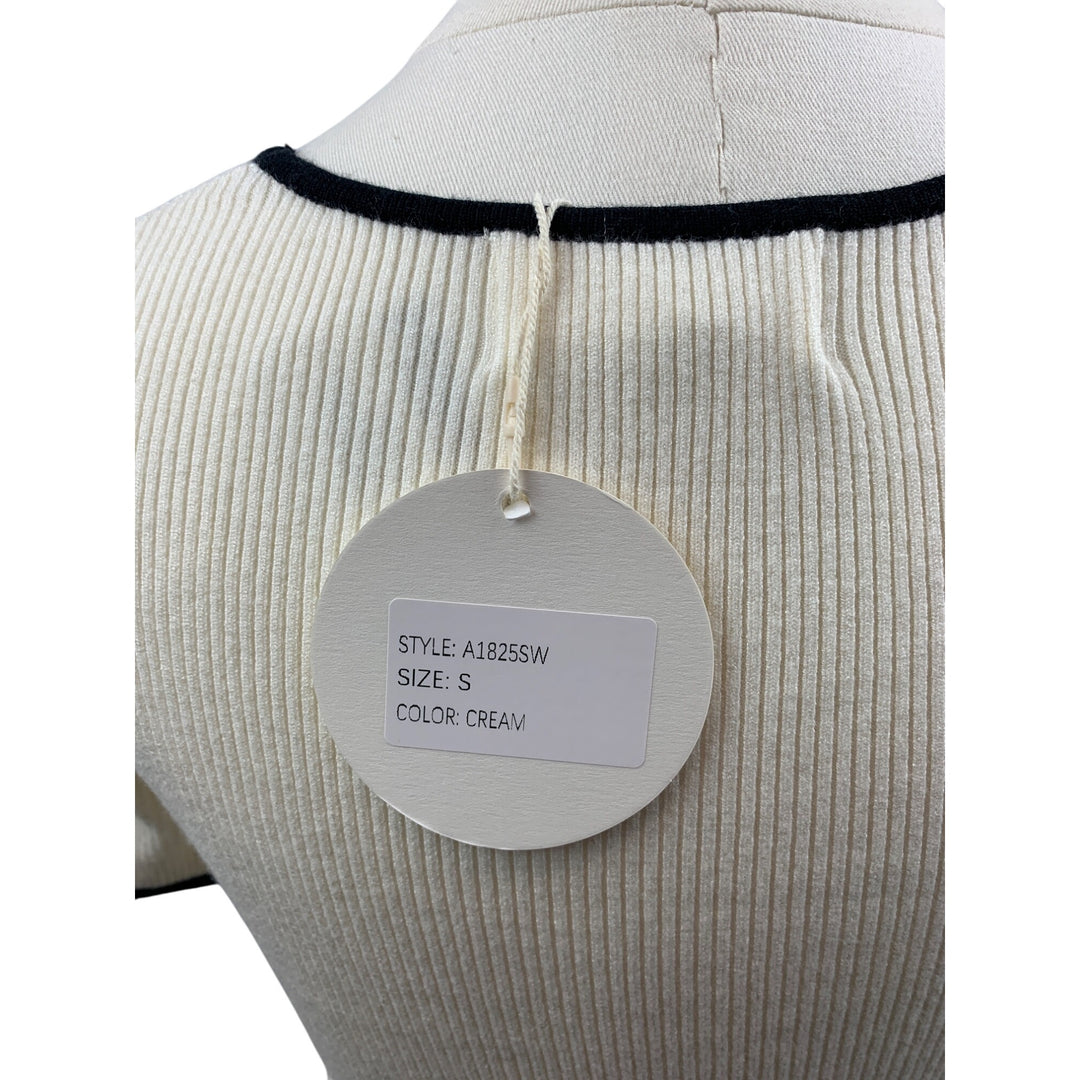 Luxe Ribbed Short Sleeve Contrast Trim Fitted Knit Top In Cream & Black