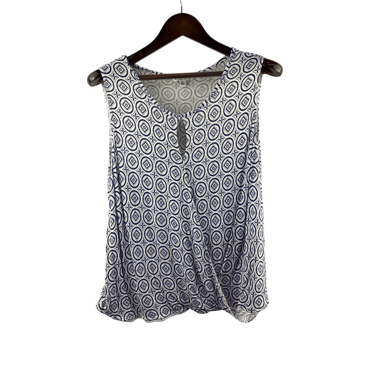 Women’s Cabi XL White w/ Blue Patterned Sleeveless Faux Wrap Style Blouse