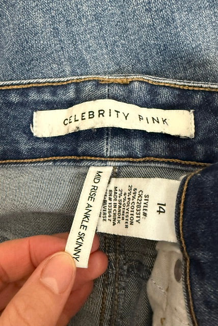 Celebrity Pink Mid Rise Ankle Skinny Jeans Distressed Sz14 / 34