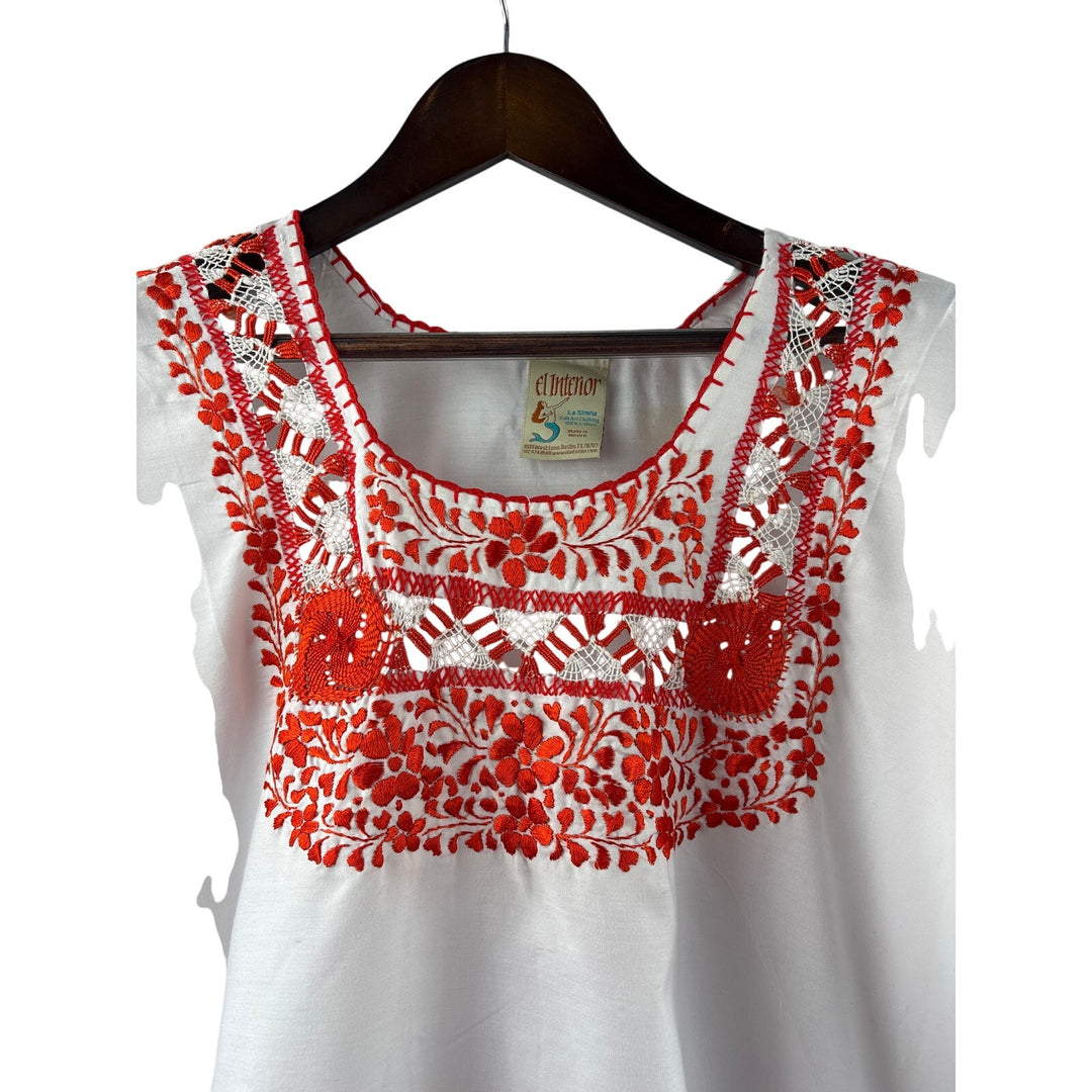 Women’s El Interior Large White Short Sleeve Blouse w/ Orange Embroidery