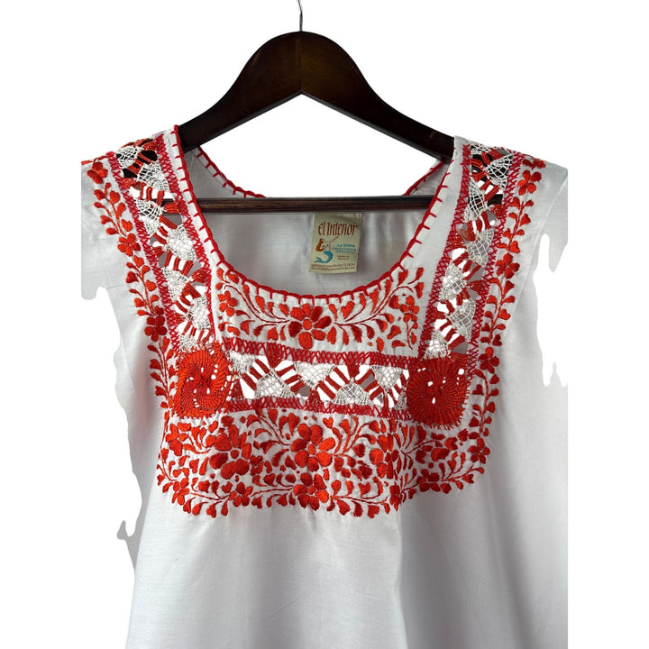 Women’s El Interior Large White Short Sleeve Blouse w/ Orange Embroidery