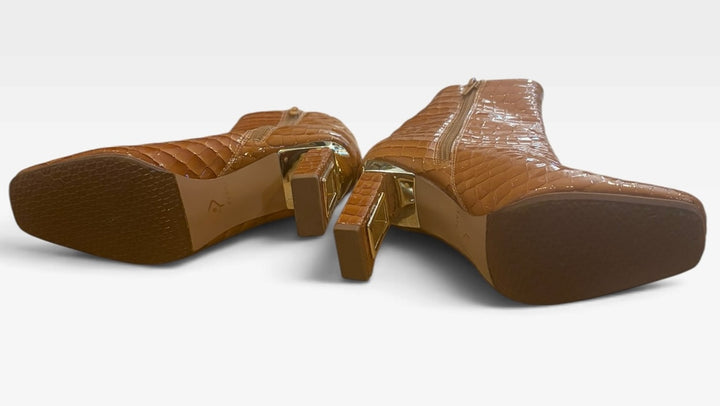 Katy Perry Brown Croc Embossed Ankle Boots 6 Gold Block Heel Western Retro Y2K