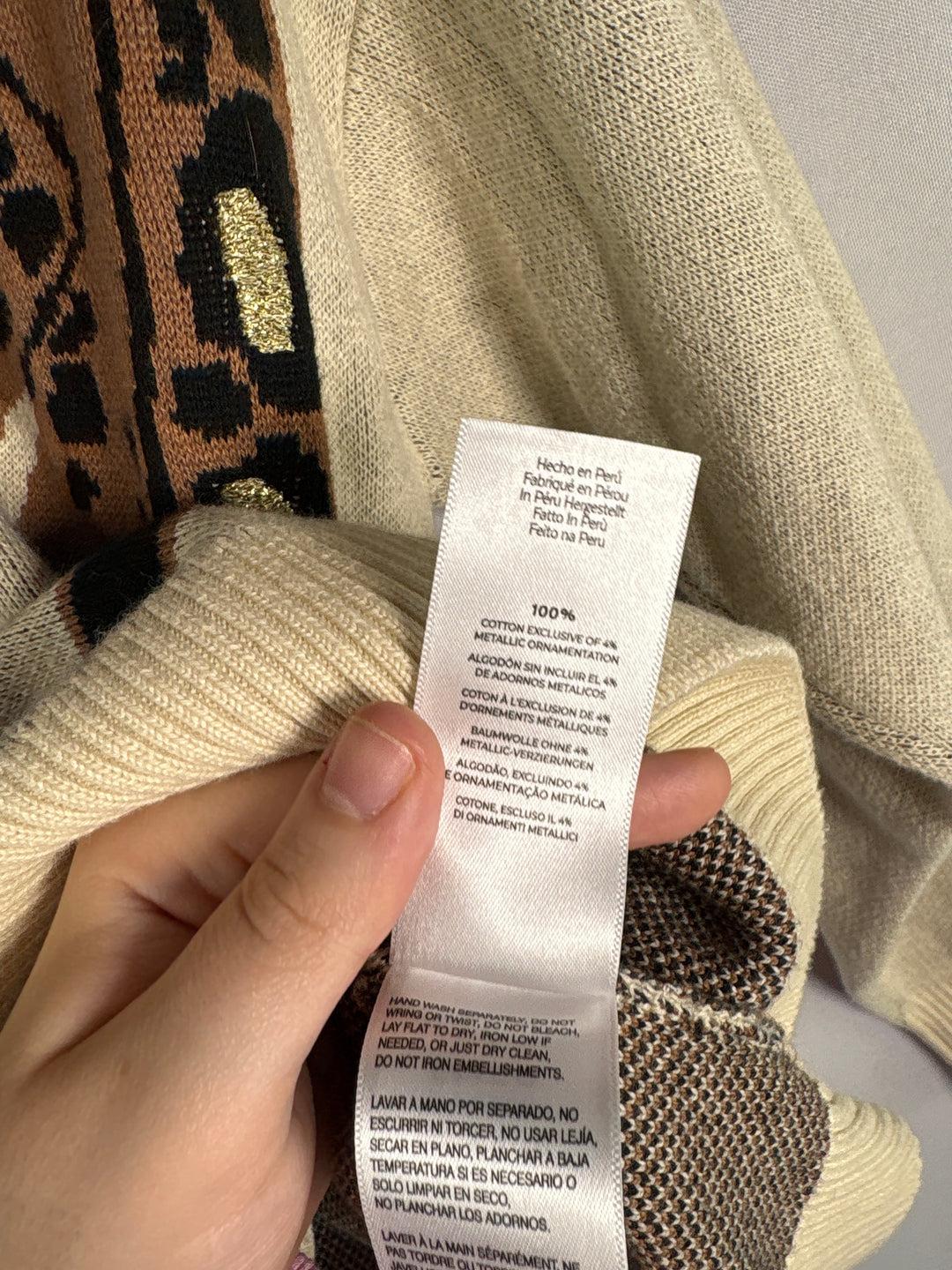 Cream Cheetah Jacquard Knit Crewneck Cotton Sweater For Women