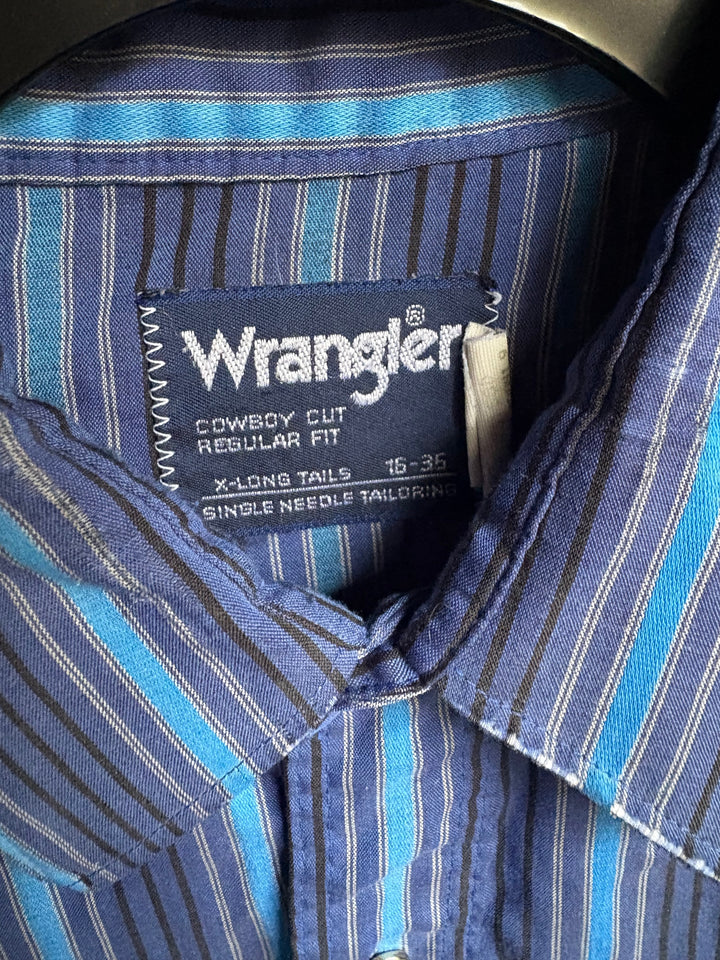 Wrangler Cowboy Cut Blue Striped Western Short Sleeve Pearl Snap Shirt