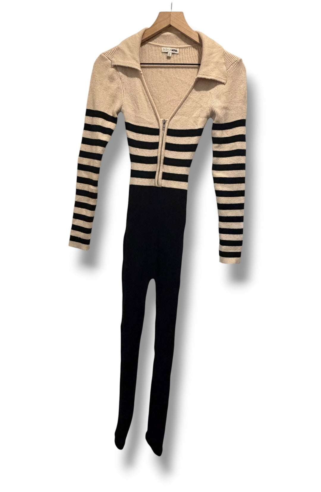 Fashion Nova Black Cream Striped Ribbed Knit Zip Front Jumpsuit Size Medium