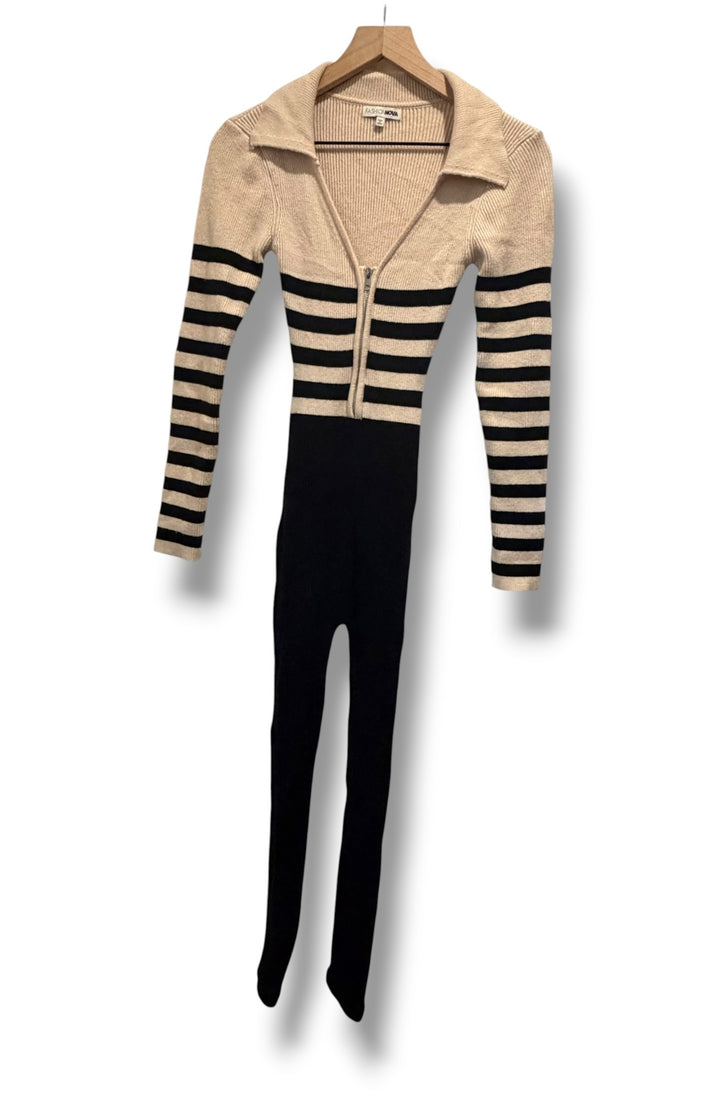 Fashion Nova Black Cream Striped Ribbed Knit Zip Front Jumpsuit Size Medium