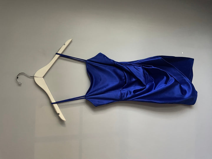 Windsor Womens S Royal Blue Satin Bodycon Mini Dress Ruched Wrap Spaghetti Strap