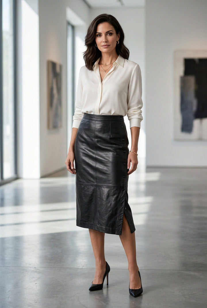 Vintage 1980s Black Genuine Leather Asymmetric Snap Midi Skirt Size 12