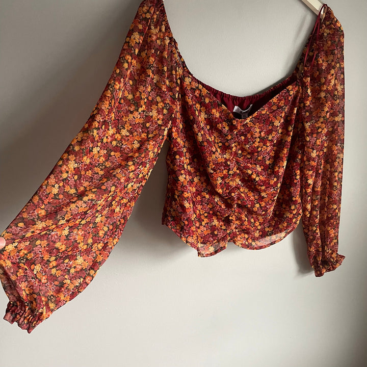 NWT BB Dakota Long Sleeve Orange floral Print Long Sleeve 70s Style Blouse sz XL