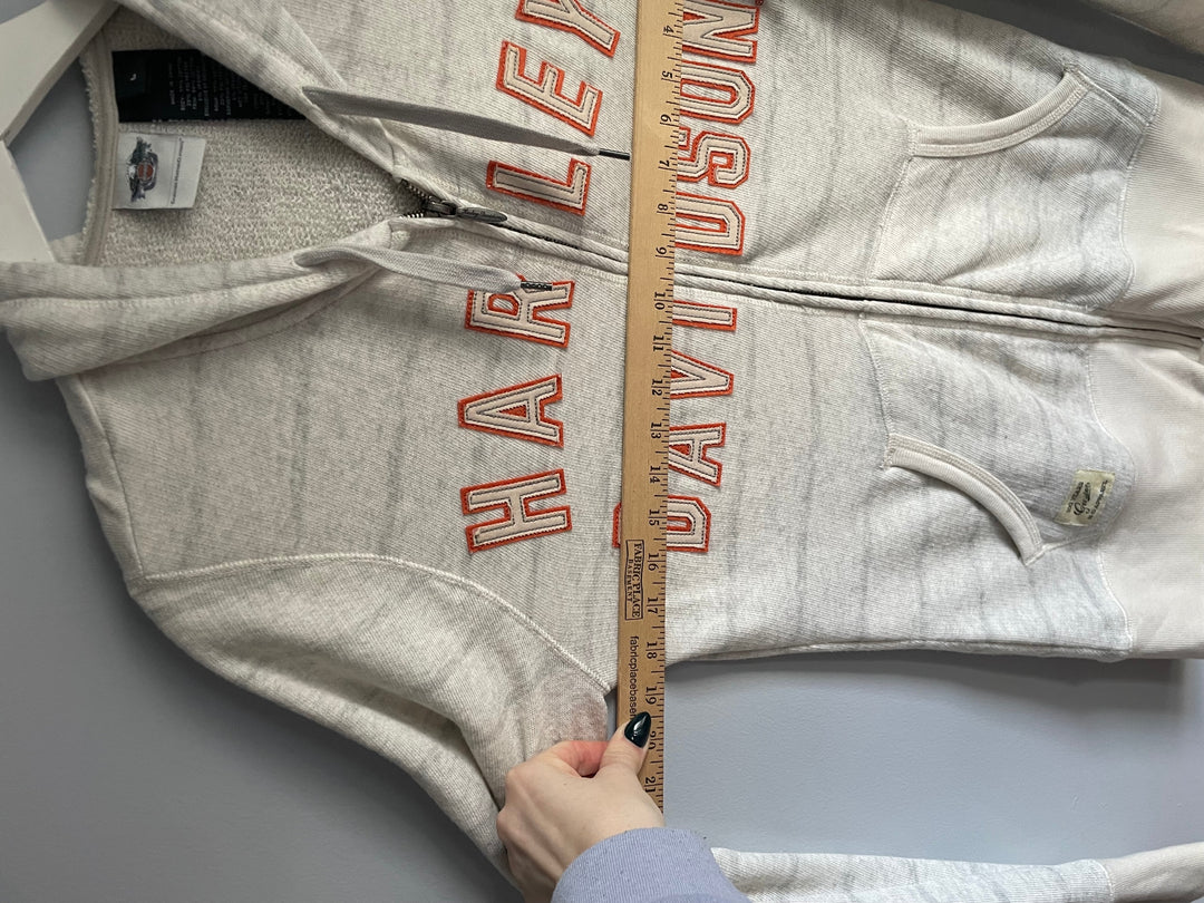 Harley Davidson Womens L Zip Up Hoodie Cream Orange Varsity Spellout Logo Biker