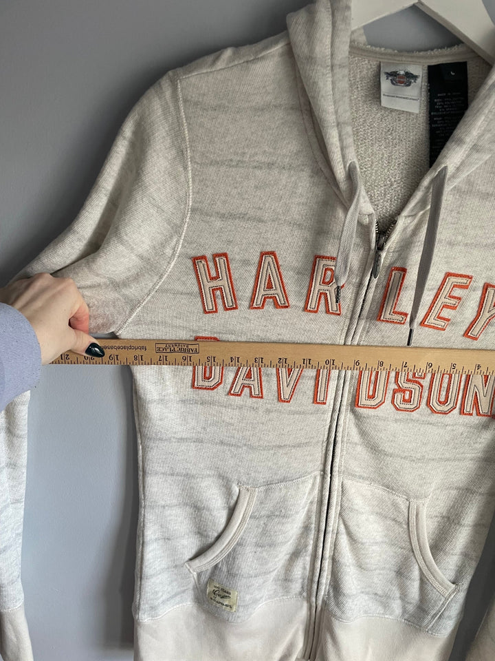 Harley Davidson Womens L Zip Up Hoodie Cream Orange Varsity Spellout Logo Biker