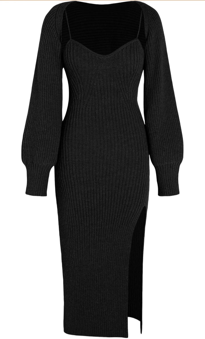 Cider 2 Piece Ribbed Knit Midi Dress Set With Shrug Black XL