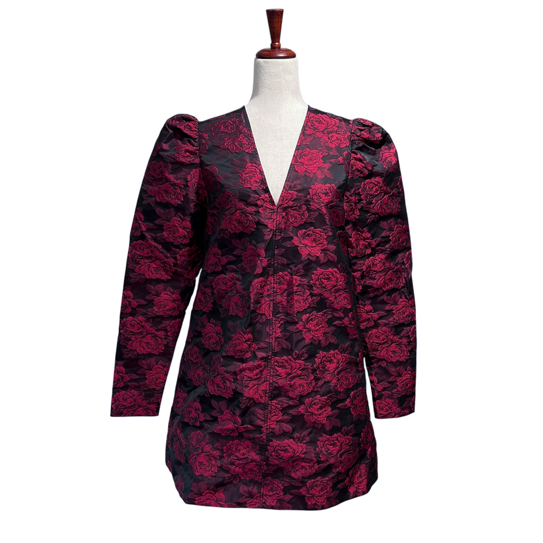 GANNI Dress 36 US Small Botanical Print Jacquard Long Sleeve Minidress in High Risk Red Cocktail