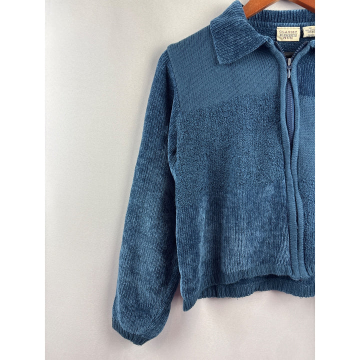 Classic Elements Womens Petite Medium Blue Acrylic Zip-Up Cardigan Sweater