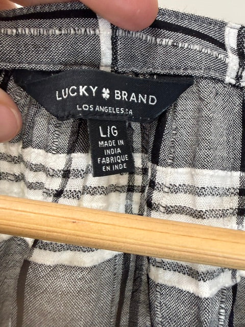 Lucky Brand Black &amp; White Plaid Embroidered Henley Blouse SzL