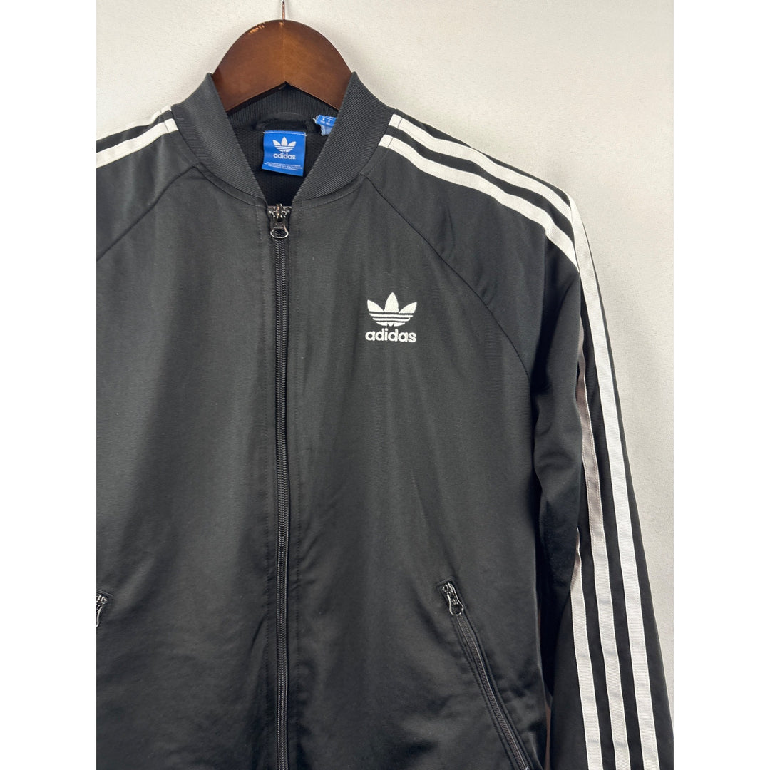 Women’s  Adidas Medium Black Windbreaker w/ White Stripes & Logo on Back