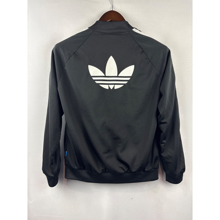 Women’s  Adidas Medium Black Windbreaker w/ White Stripes & Logo on Back