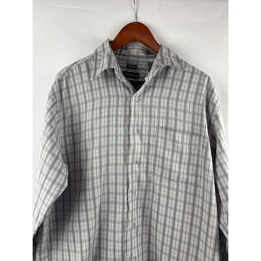 George Mens Medium Sueded Button-Up Plaid Shirt 38/40 Gray