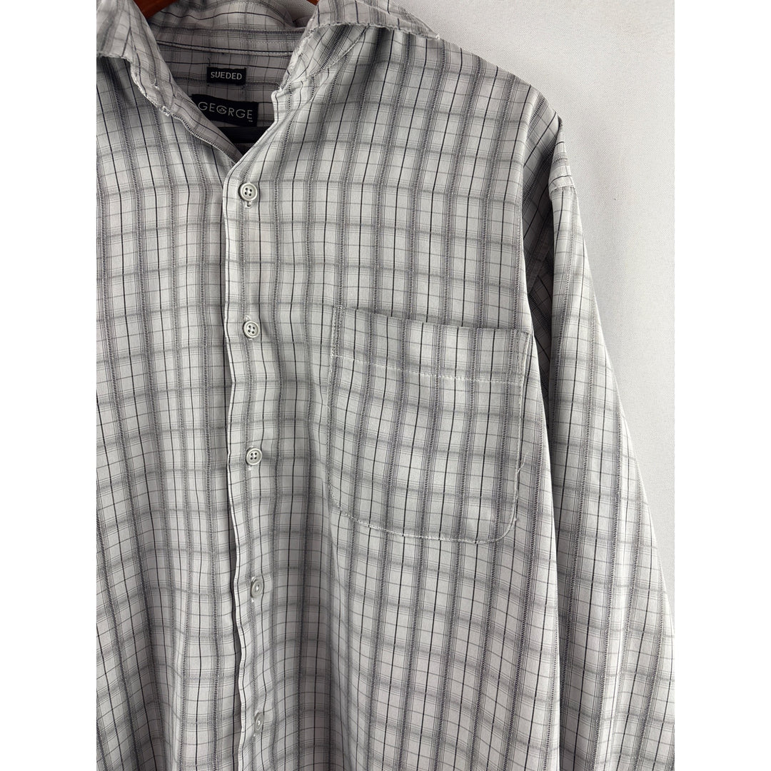 George Mens Medium Sueded Button-Up Plaid Shirt 38/40 Gray