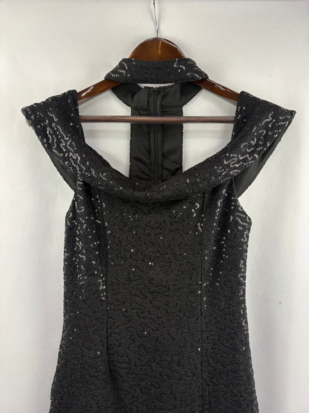 Women’s Luxxel Medium Black Sequin Off the Shoulder Evening Dress