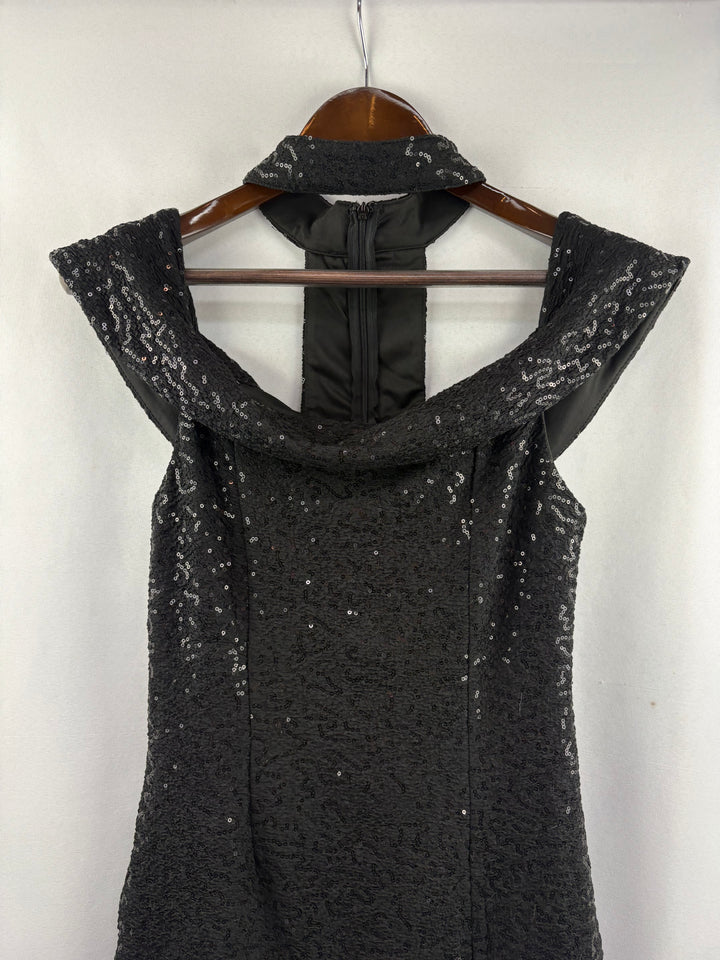 Women’s Luxxel Medium Black Sequin Off the Shoulder Evening Dress