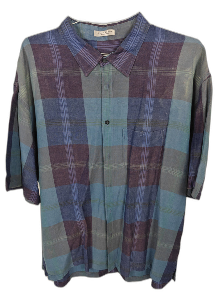 Geoffrey Beene Men's XXL Blue Purple Plaid Short Sleeve Linen Blend Button Up Shirt