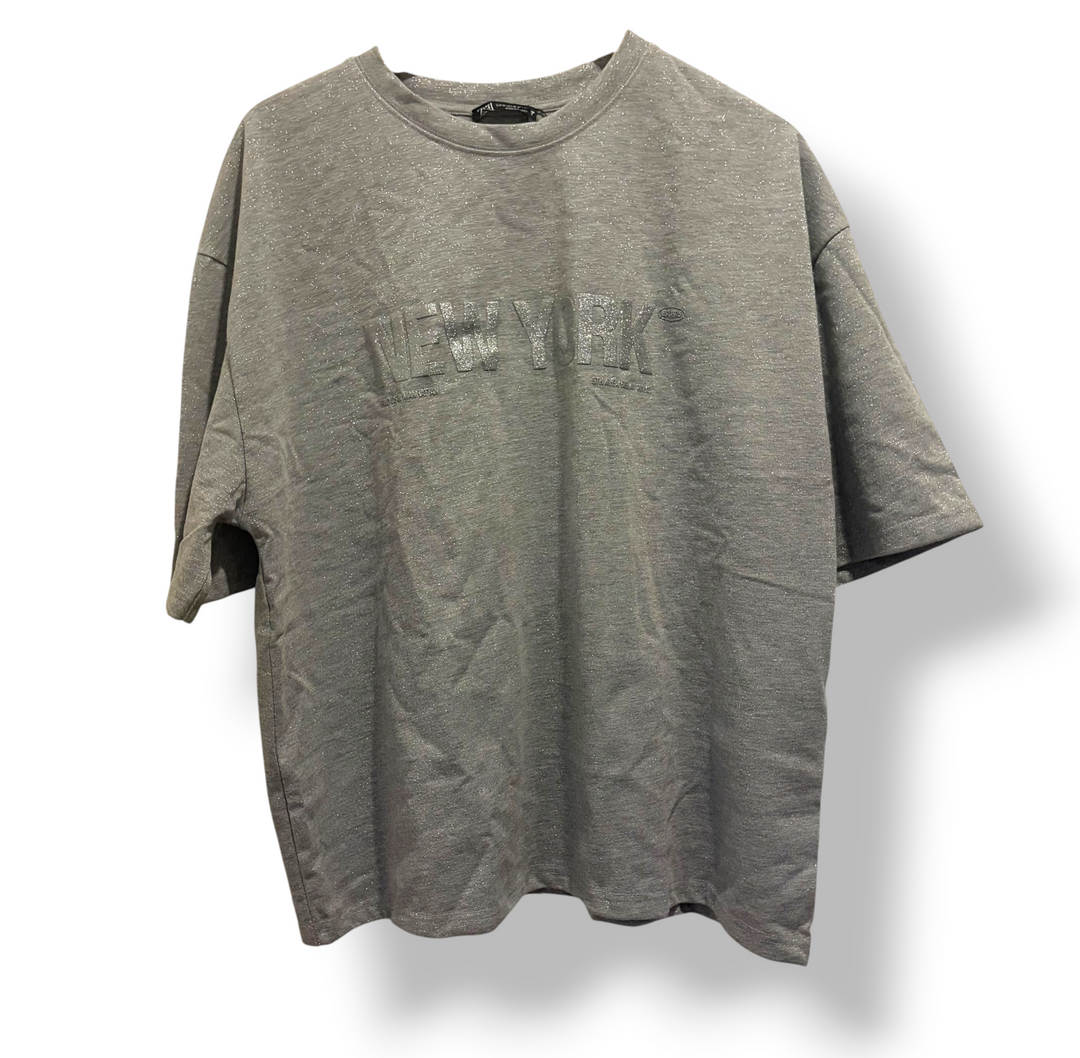 Zara New York Sparkle T-Shirt Gray Silver Glitter Oversized Tee Size M NWT