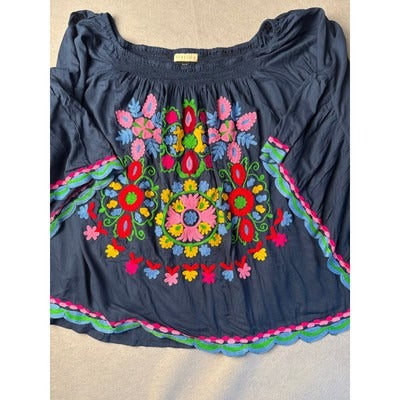 Women’s RubyYaya Navy Blue Floral Embroidered Blouse Sz XL