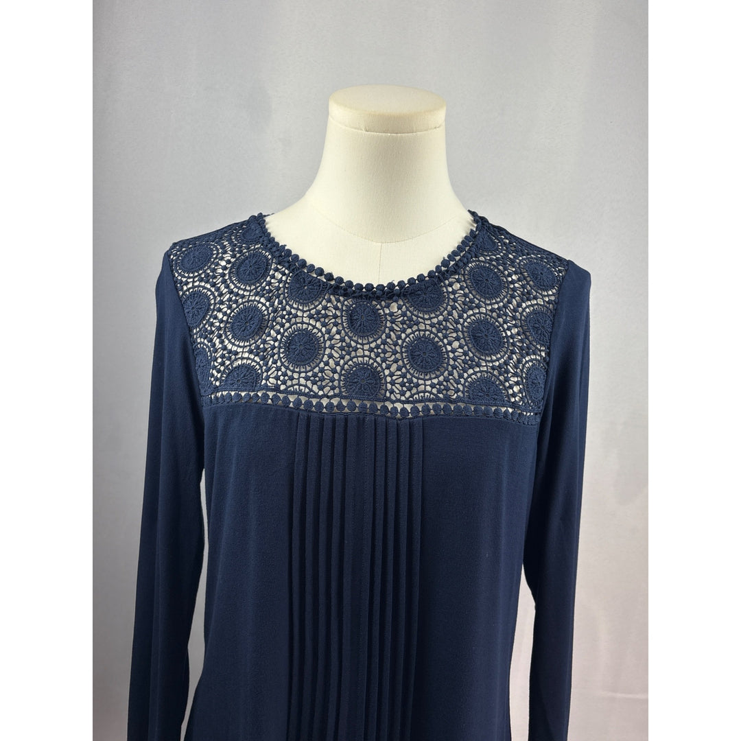 Daniel Rainn Womens Petite Small Navy Blue Lace Yoke Top Blouse