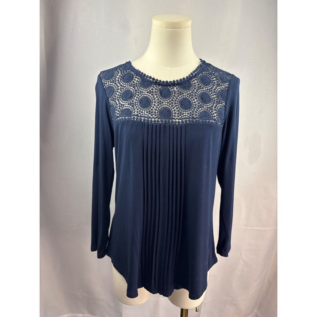 Daniel Rainn Womens Petite Small Navy Blue Lace Yoke Top Blouse