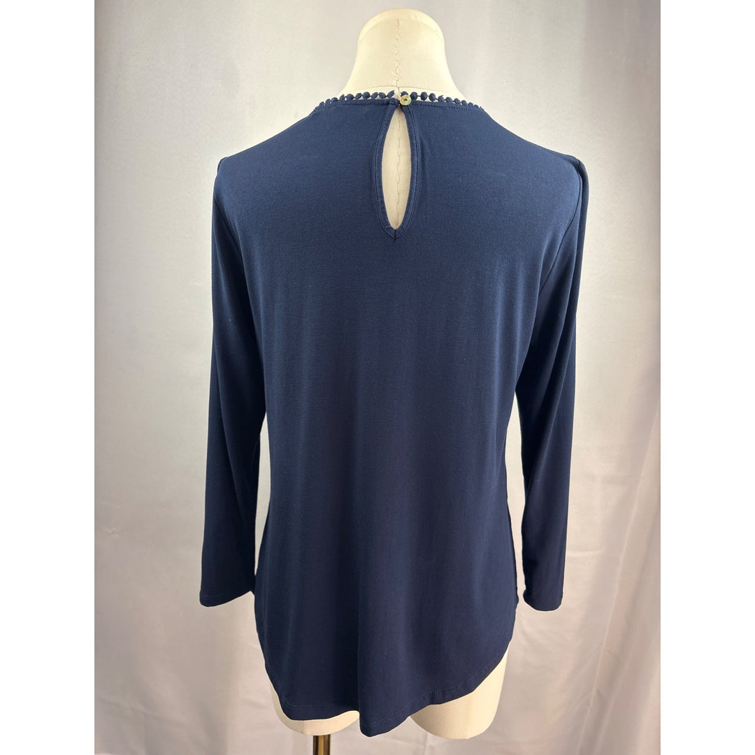 Daniel Rainn Womens Petite Small Navy Blue Lace Yoke Top Blouse