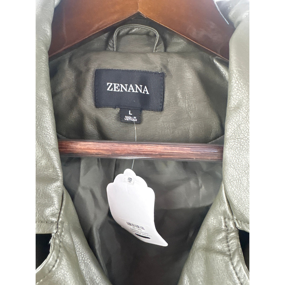 Women’s Zenana Large Olive Green Faux Leather Biker Jacket