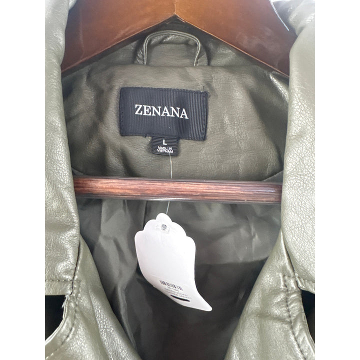 Women’s Zenana Large Olive Green Faux Leather Biker Jacket