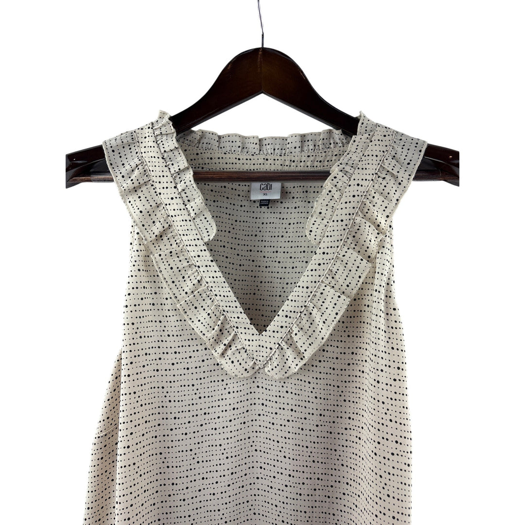 Women’s Cabi XL Cream & Black Dot Patterned Sleeveless Ruffled Blouse