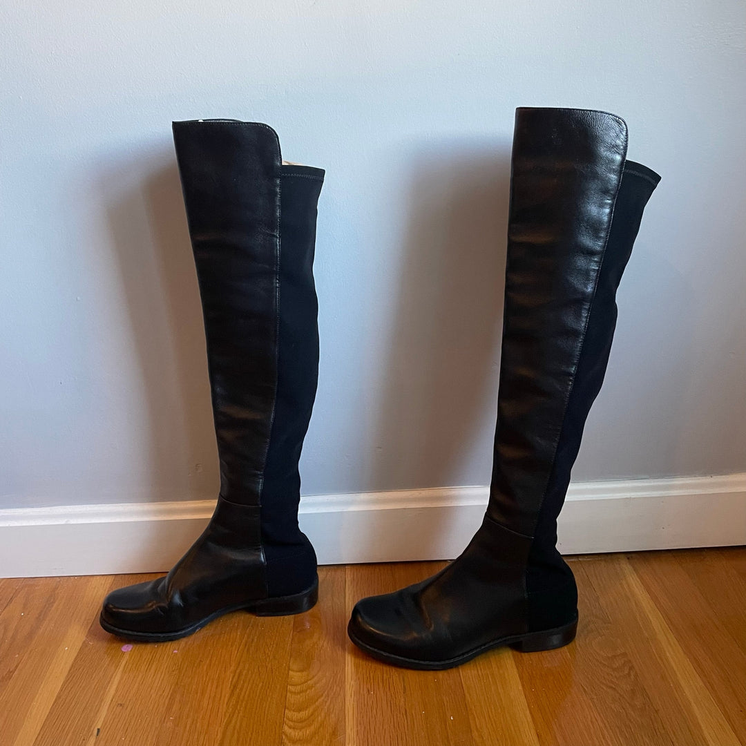 Stuart Weitzman 5050 Black Leather Elastic Back Round Toe Tall Boots EU35.5 US5